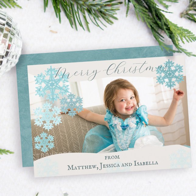 Merry Christmas Teal Snowflakes Photo Holiday Card (Merry Christmas Teal Snowflakes Photo Holiday Card - just add your photo and name)