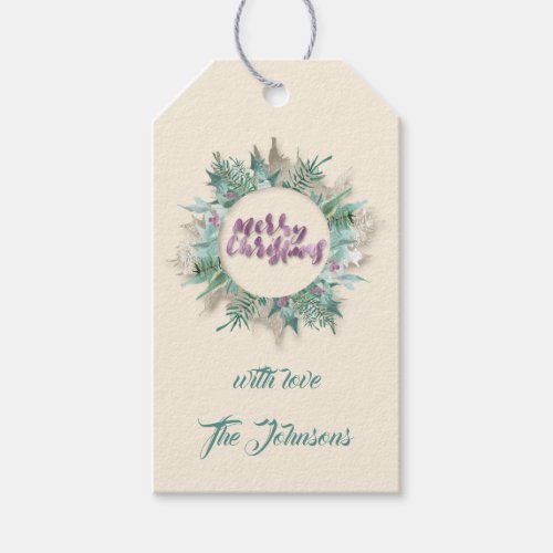 Merry Christmas Teal Wreath Holiday Ivory Violet Gift Tags