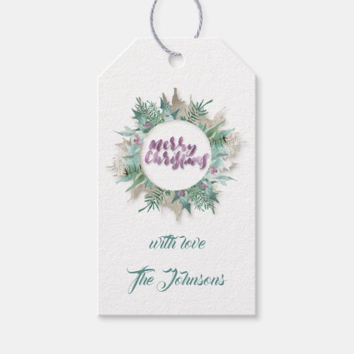 Merry Christmas Teal Wreath Holiday White Violet Gift Tags