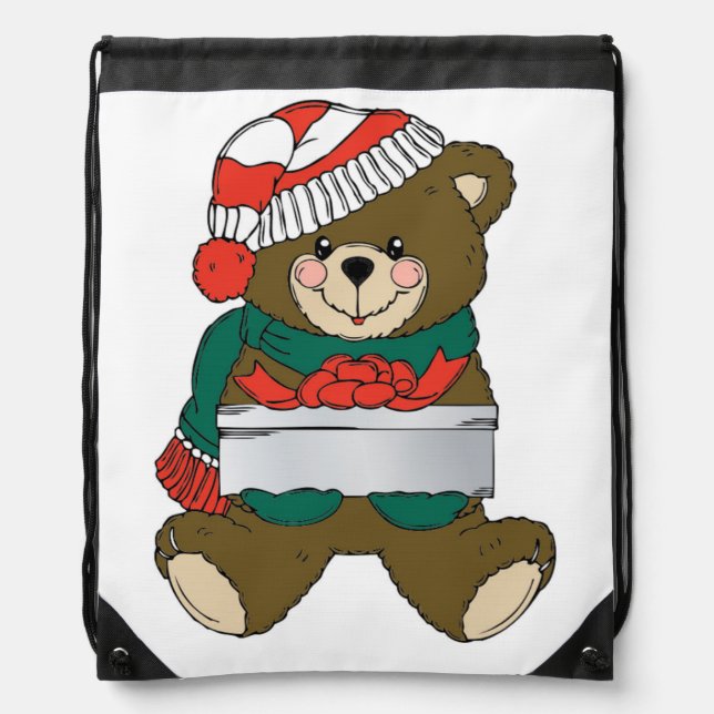 "MERRY CHRISTMAS" TEDDY BEAR DRAWSTRING BAG (Front)