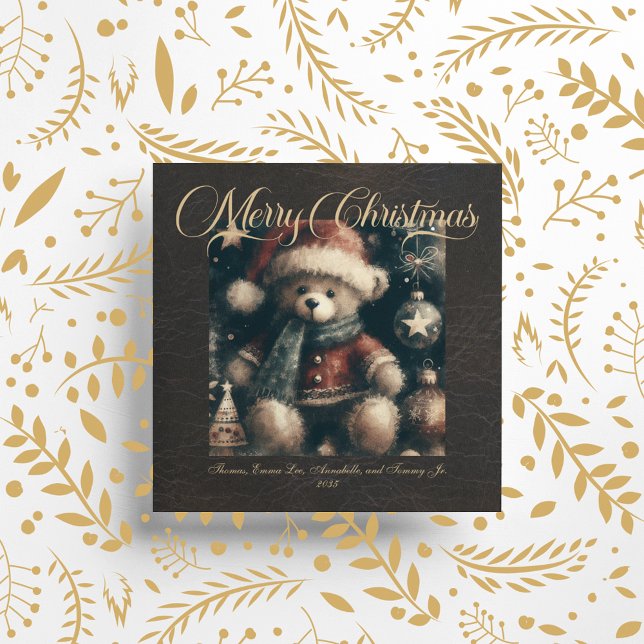 Merry Christmas Teddy Bear Faux Leather Holiday Card (Creator Uploaded)