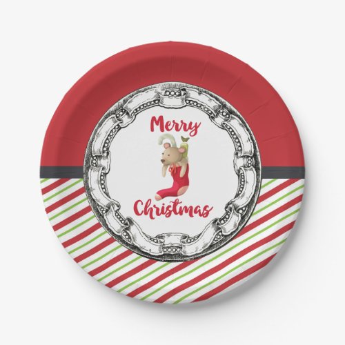 Merry Christmas Teddy Bear In Vintage Frame Paper Plates