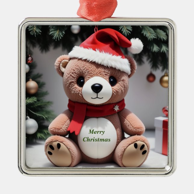 Merry Christmas Teddy Bear Metal Ornament (Front)