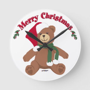 Merry Christmas Teddy Bear Round Clock