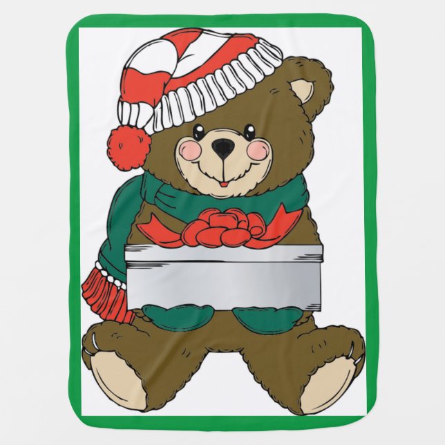 "MERRY CHRISTMAS" TEDDY BEAR STROLLER BLANKET (Front)
