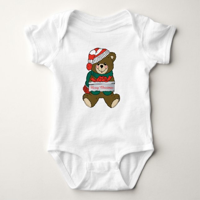 Merry Christmas Teddy Bear with Present Baby Bodysuit (Front)