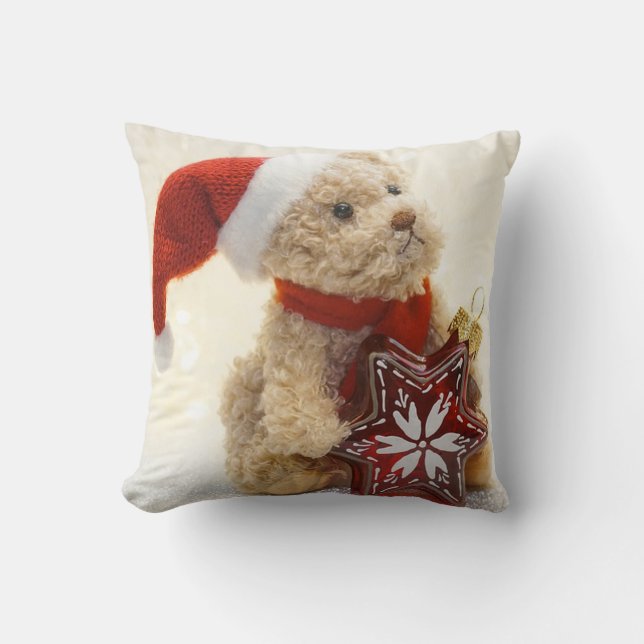Merry Christmas,Teddy Bear With Santa Hat Throw Pillow (Front)