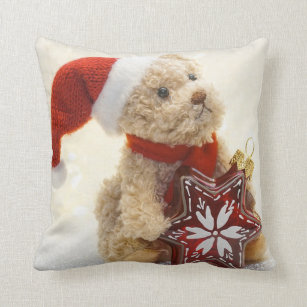 Merry Christmas,Teddy Bear With Santa Hat Throw Pillow