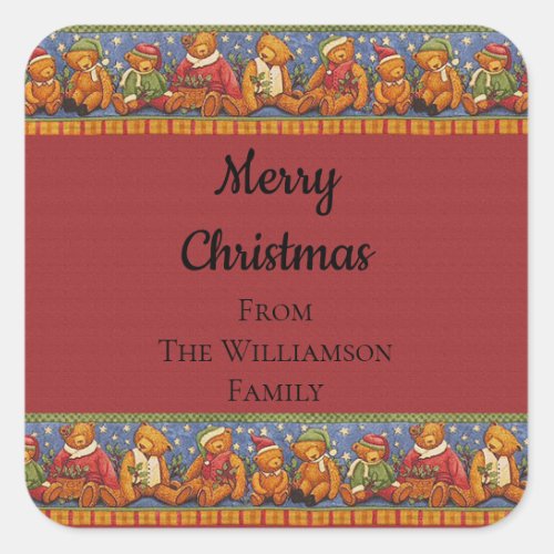 Merry Christmas Teddy Bears Vintage Red Square Sticker