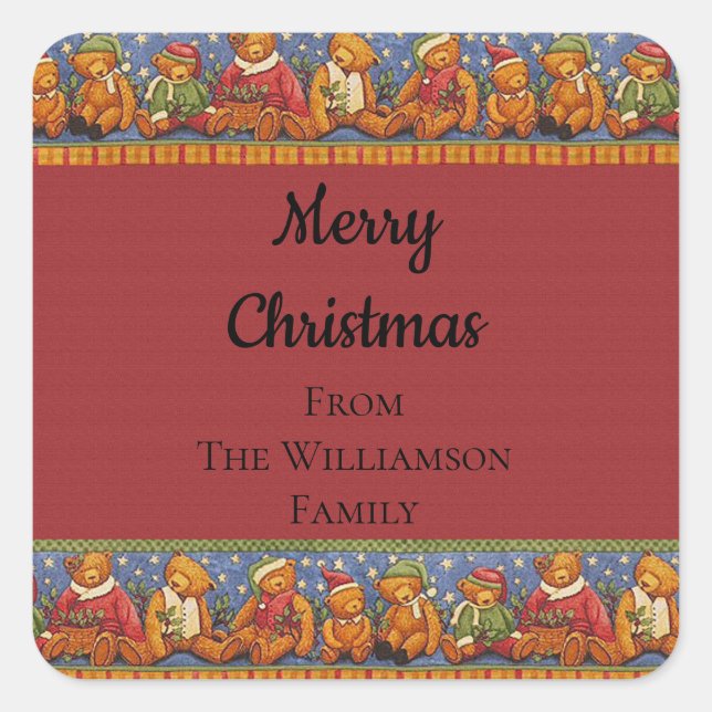 Merry Christmas Teddy Bears Vintage Red Square Sticker (Front)