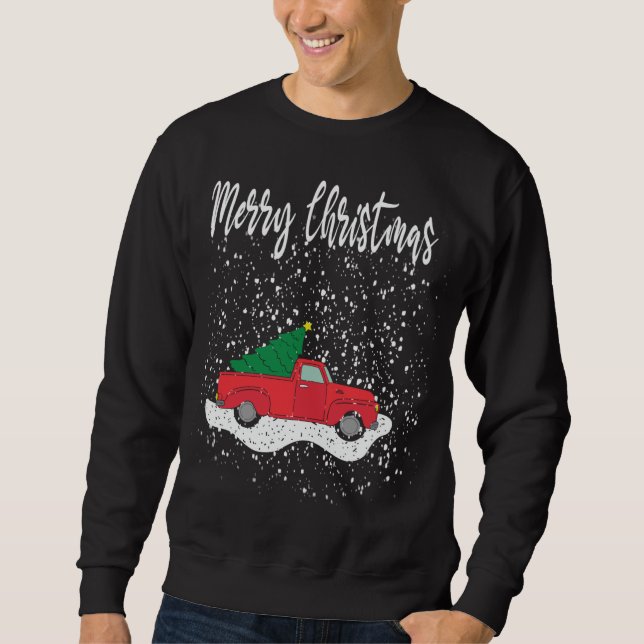 Merry Christmas Tee Red Truck Christmas Tree Snow  (Front)