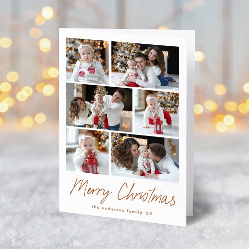 Merry Christmas Terracotta Script 6 Photo Collage Holiday Card