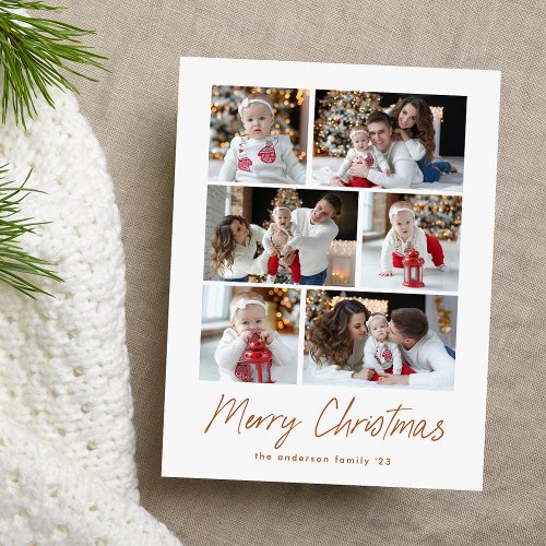 Merry Christmas Terracotta Script 6 Photo Collage Holiday Postcard