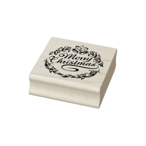 Merry Christmas text  bells and holly Rubber Stamp