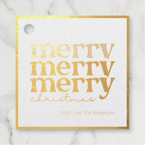 Merry Christmas Text Greeting Family Name Gold Foil Favor Tags