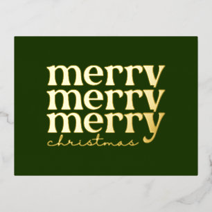 Merry Christmas Text Greeting on Green Gold Foil Holiday Postcard