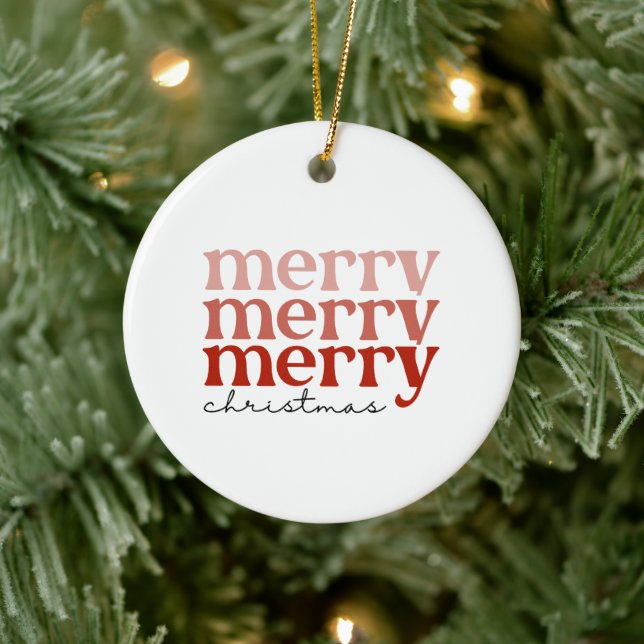 Merry Christmas Text Greeting Red and White Ceramic Ornament (Tree)