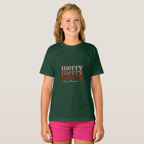 Merry Christmas Text Greeting Red  Green Girl T_Shirt