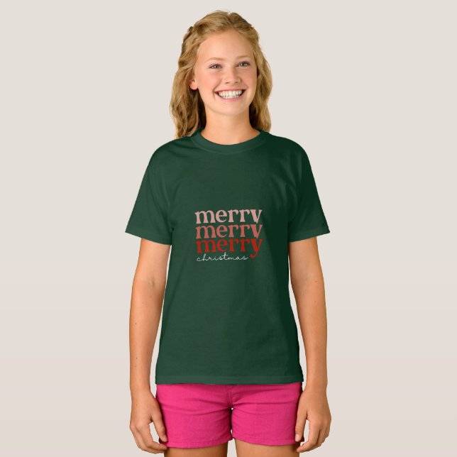 Merry Christmas Text Greeting Red & Green Girl T-Shirt (Front Full)