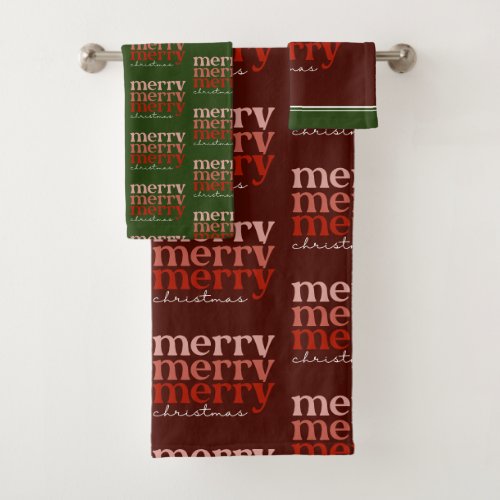 Merry Christmas Text Greeting Red  Green Pattern Bath Towel Set