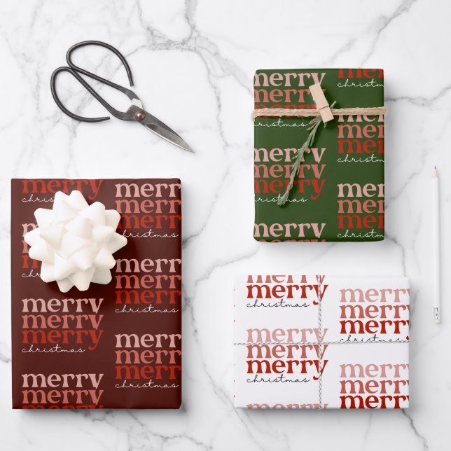 Merry Christmas Text Greeting Red & Green Pattern Wrapping Paper Sheets (Front)