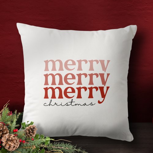 Merry Christmas Text Greeting Red on White Throw Pillow