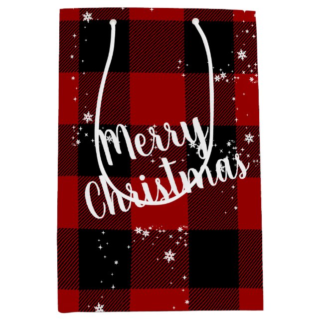 Merry Christmas Text In Snowflakes On Plaid   Medium Gift Bag (Front)