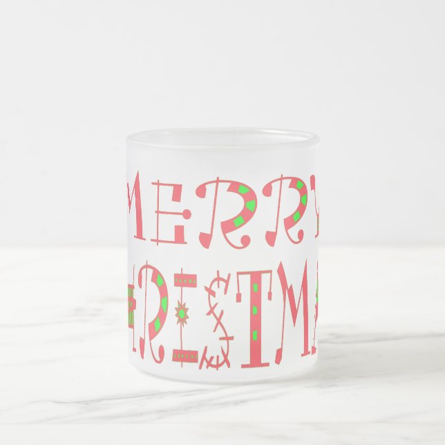 Merry Christmas Text Pattern Design: Festive  Art Frosted Glass Coffee Mug (Center)