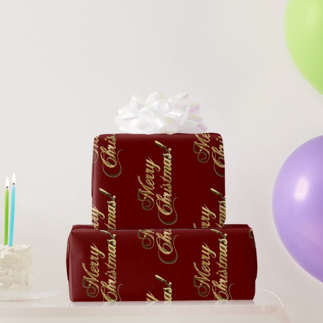 Merry Christmas Text Pattern Elegant Red and Gold Wrapping Paper (Party Gifts)