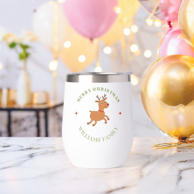 Merry Christmas text reindeer white Thermal Wine Tumbler (Bachelor Party)