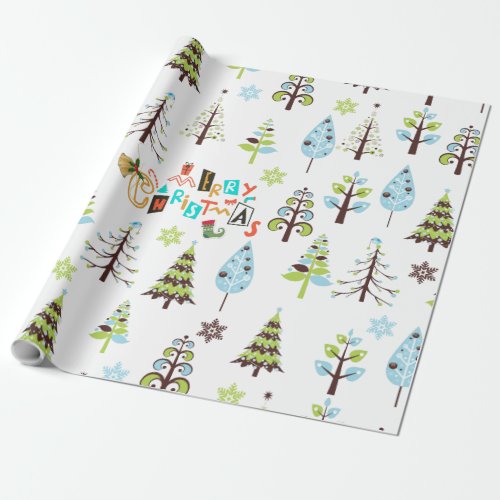 Merry Christmas text  Retro Christmas Trees Wrapping Paper