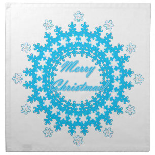 Merry Christmas text round frame snowflake blue wh Cloth Napkin