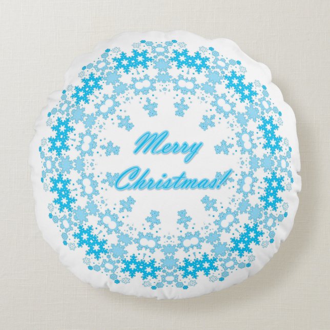 Merry Christmas text round frame snowflake blue wh Pillow (Front)