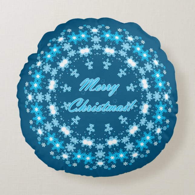 Merry Christmas text round frame snowflake blue wh Pillow (Front)