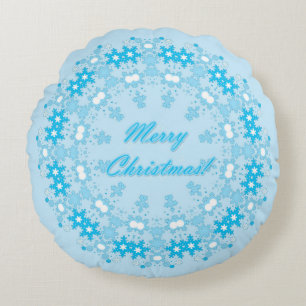 Merry Christmas text round frame snowflake blue wh Round Pillow