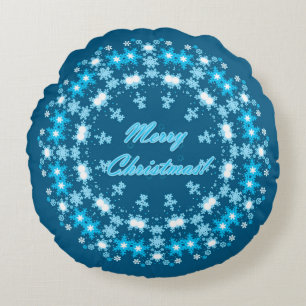 Merry Christmas text round frame snowflake blue wh Round Pillow