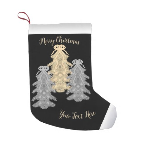 Merry Christmas Text Silver Gold Decorated Tree Small Christmas Stocking