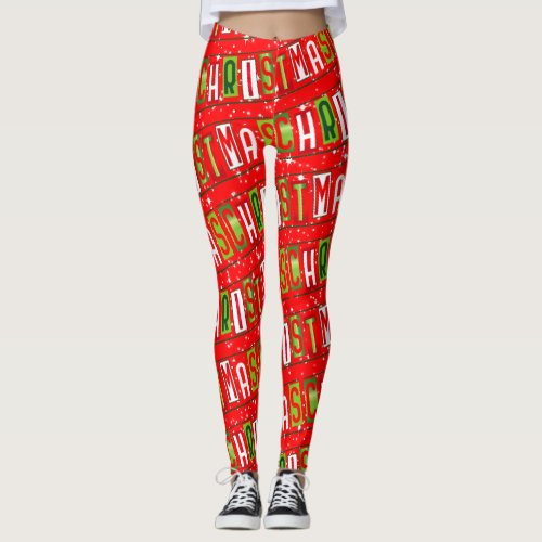 Merry Christmas Text Starry Red Green White Leggings