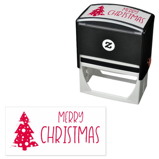 Merry Christmas Text with Snowy Christmas Tree Self-inking Stamp (In Situ)