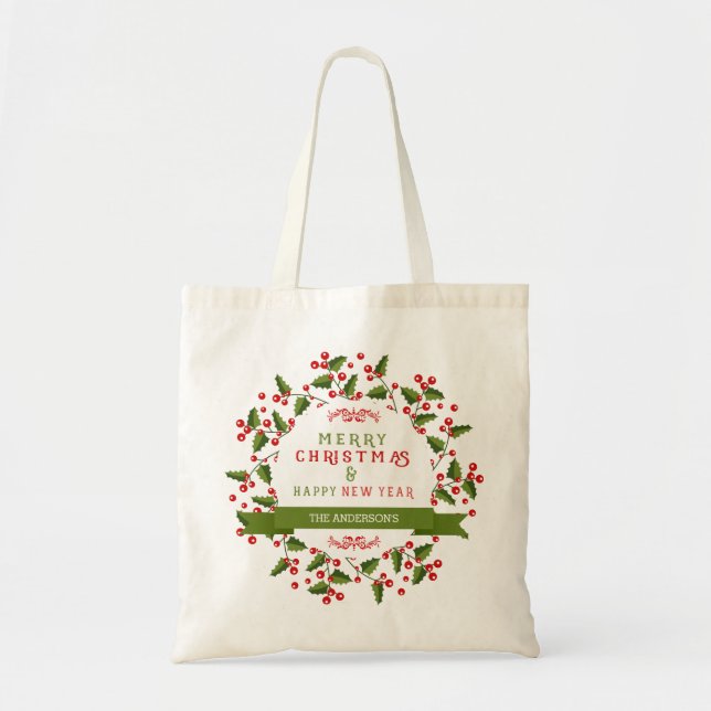 Merry Christmas text & wreath  design Tote Bag (Front)