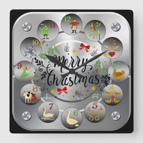 Merry Christmas  The 12 Days Of Christmas  Square Wall Clock