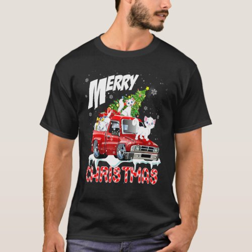 Merry Christmas Three Cats Xmas Tree On Pickup Tru T_Shirt
