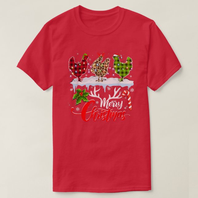 Merry Christmas Three Chicken Buffalo Leopard Red  T-Shirt (Design Front)