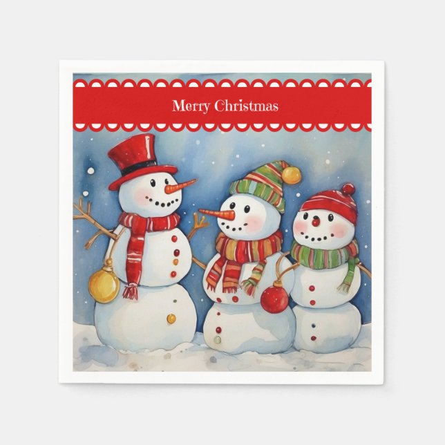 Merry Christmas, Three Colorful Snowmen, Napkins (Front)