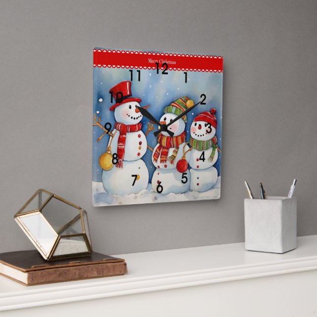 Merry Christmas, Three Colorful Snowmen, Square Wall Clock (Office)