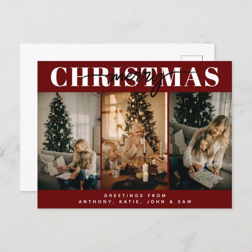 Merry Christmas Three Family Photo Typography Red Holiday Postcard