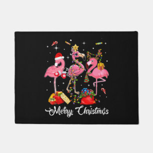 Merry Christmas Three Flamingo With Santa Hat Doormat