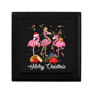 Merry Christmas Three Flamingo With Santa Hat Gift Box