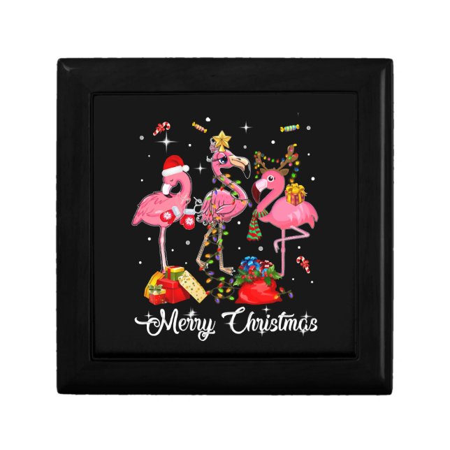 Merry Christmas Three Flamingo With Santa Hat Gift Box (Front)