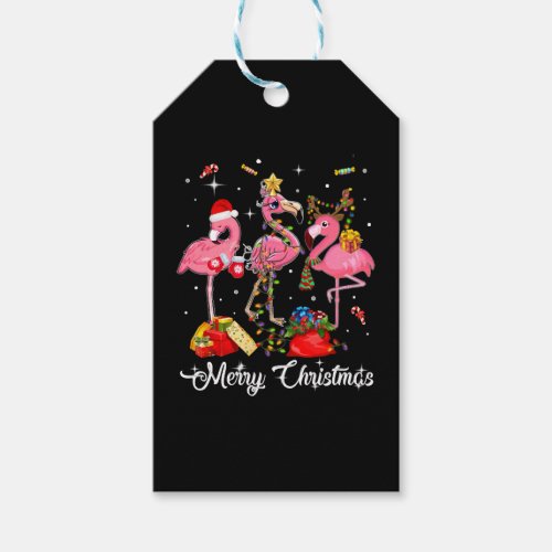 Merry Christmas Three Flamingo With Santa Hat Gift Tags